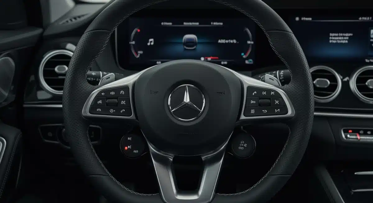 Haptic feedback steering wheel with integrated digital controls in a 2026 luxury car