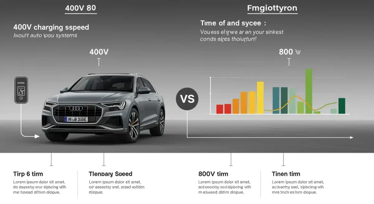 Infographic comparing 400V vs 800V charging speeds for Audi Q8 e-tron
