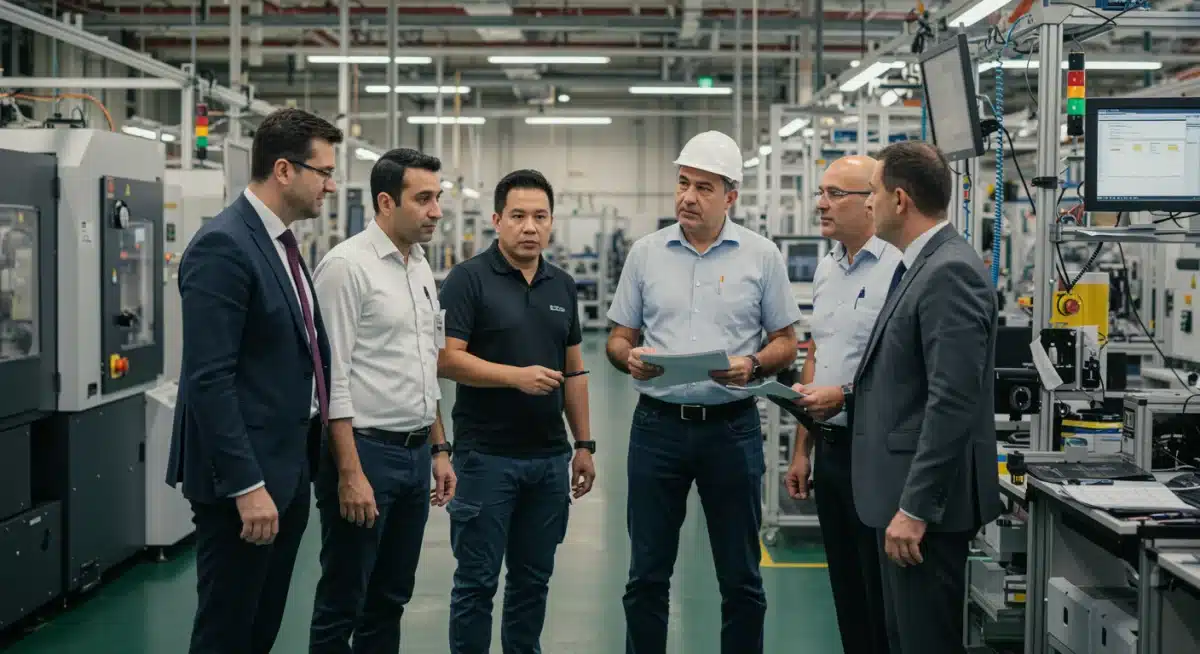 Automotive factory workers and managers adapting to new production processes for electric vehicle components.