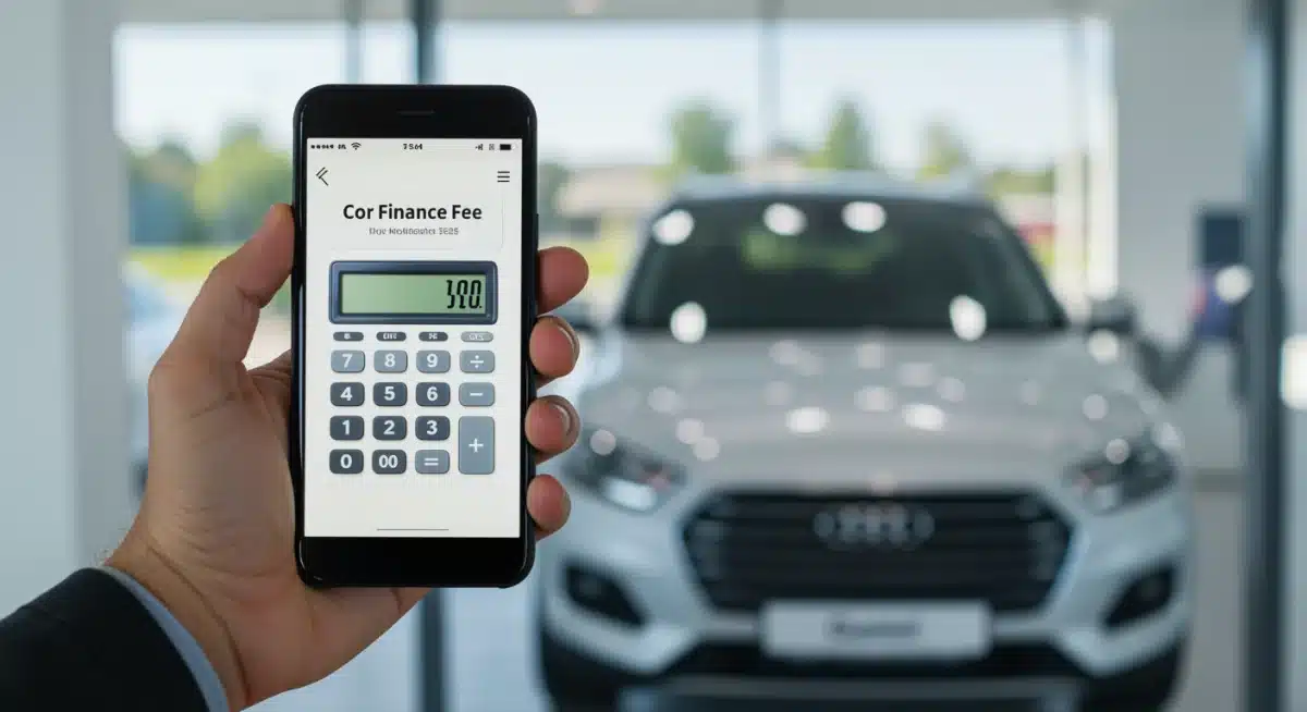 Smartphone with car finance calculator app, new car in background