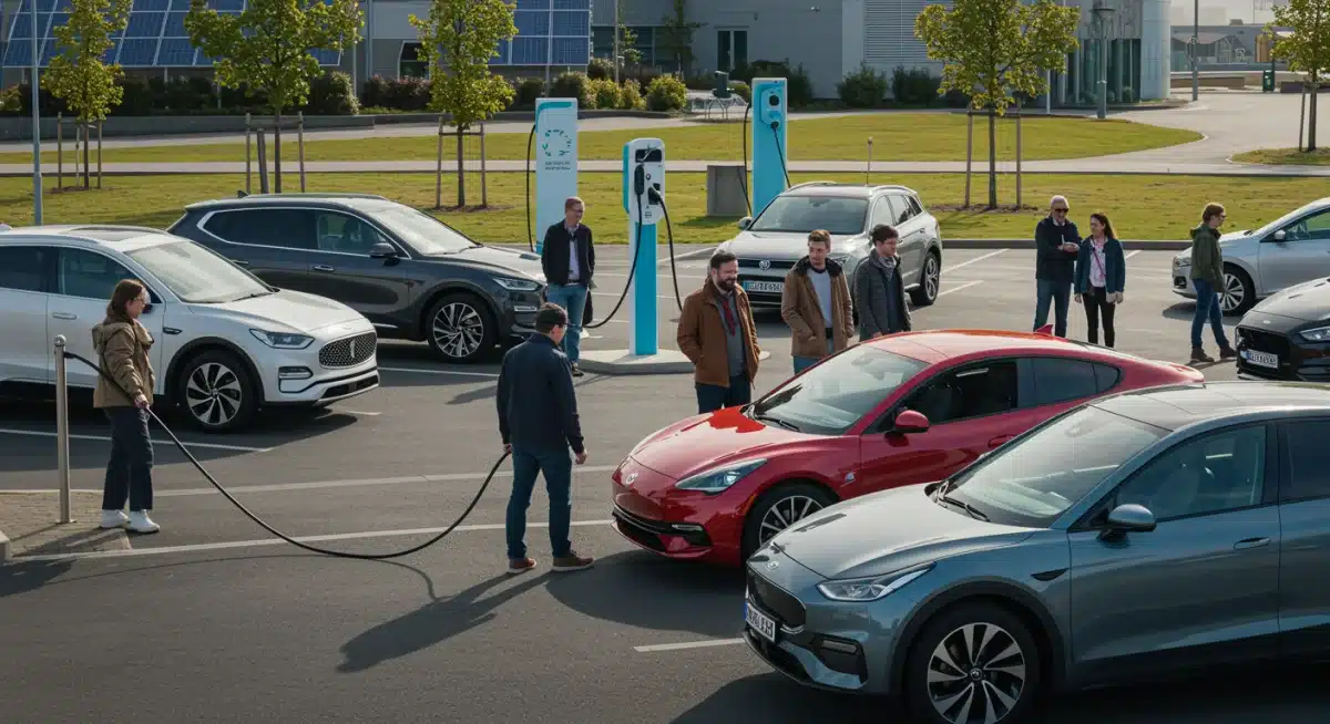 Consumers engaging with electric vehicles at an outdoor showcase, highlighting growing public interest and adoption.