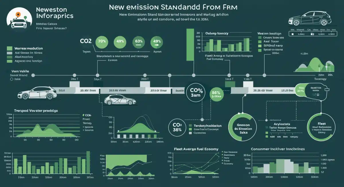 Infographic detailing the timeline and impact of new emissions standards on CO2 reduction and fleet fuel economy.