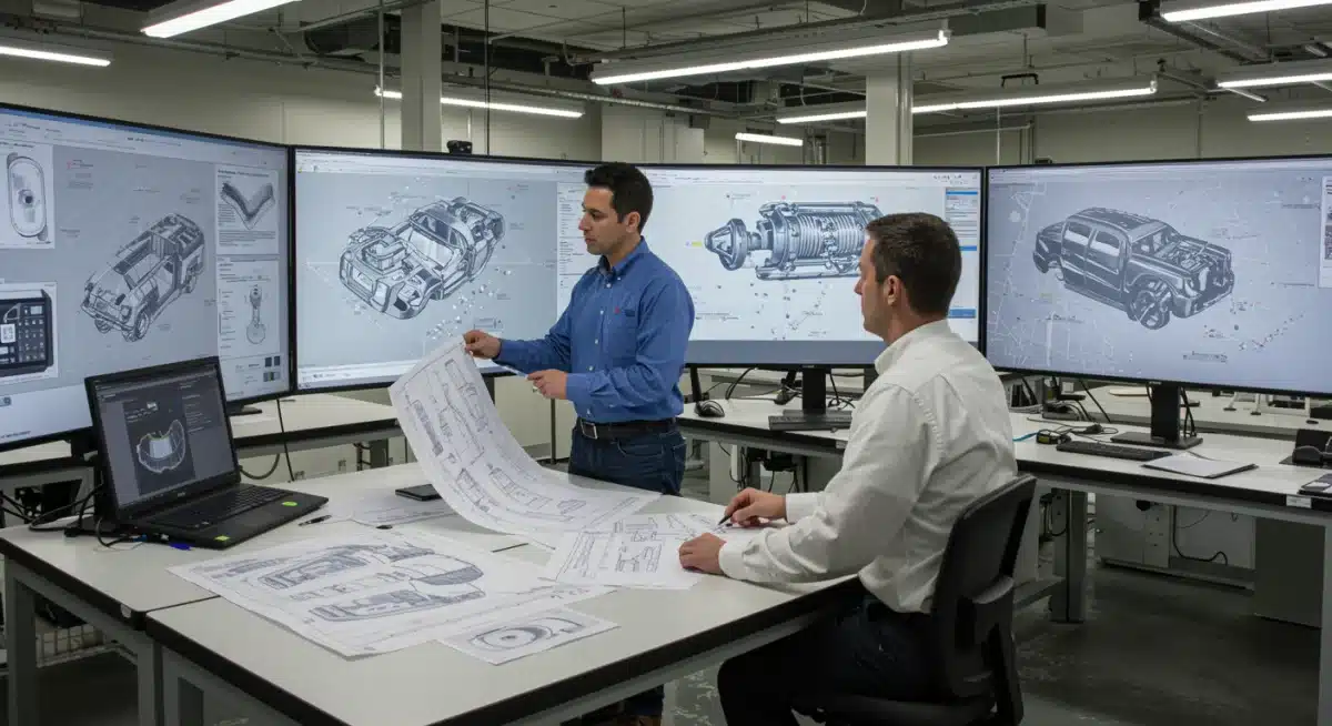 Engineers collaborating on advanced low-emission vehicle design and development for EPA compliance.