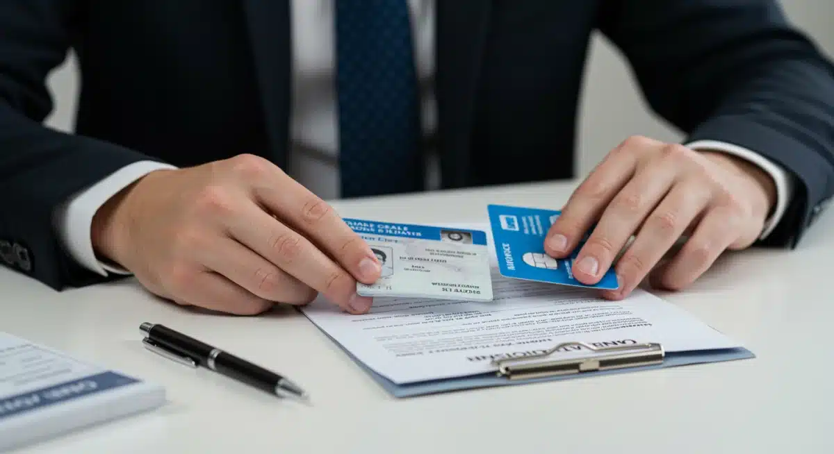 Hands holding vehicle title, driver's license, and insurance card, symbolizing document preparation for registration.