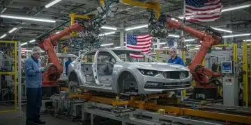 Electric vehicle assembly line in a US factory with robots and engineers.
