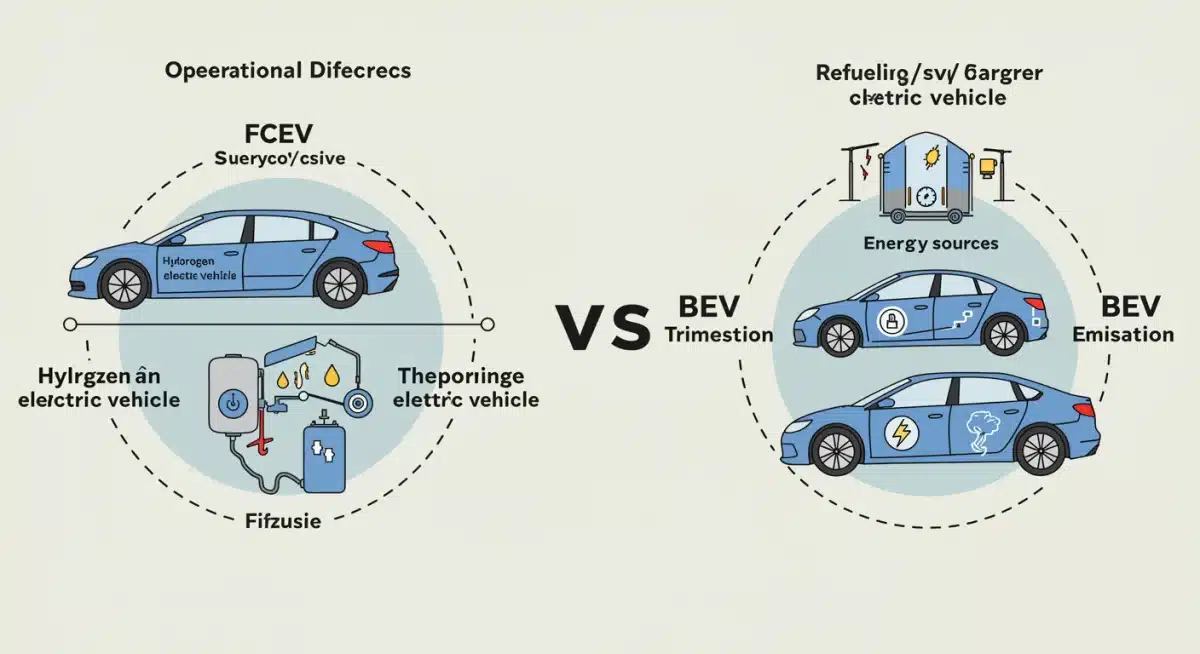 Infographic comparing hydrogen fuel cell and battery electric vehicle operations.