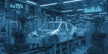 Futuristic auto factory assembly line with robots building electric vehicles, symbolizing the 2026 EPA emissions shift.