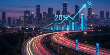 Electric vehicles on a futuristic highway, symbolizing accelerated EV adoption by 20% due to new emissions standards.