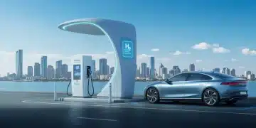 Futuristic hydrogen fuel cell electric vehicle at a modern refueling station.