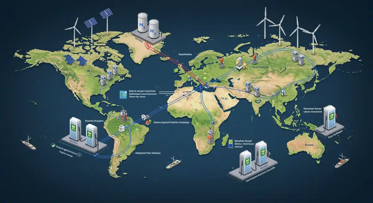 Global hydrogen production and distribution infrastructure diagram.