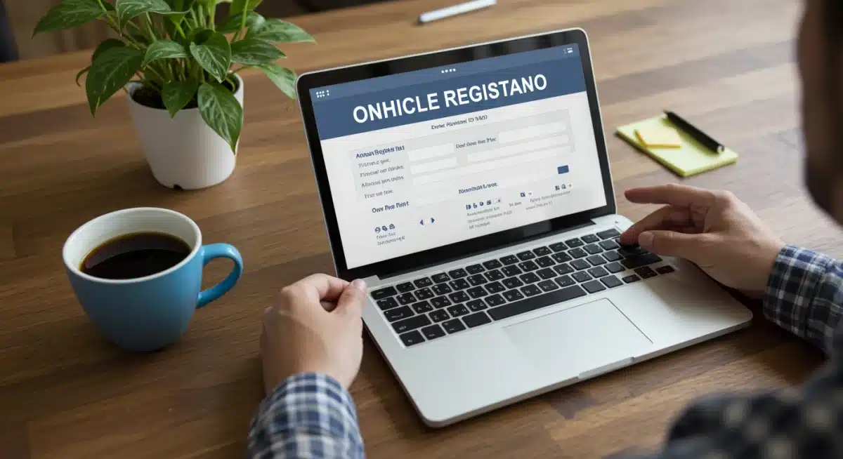 Person filling out an online vehicle registration form on a tablet, emphasizing digital convenience.