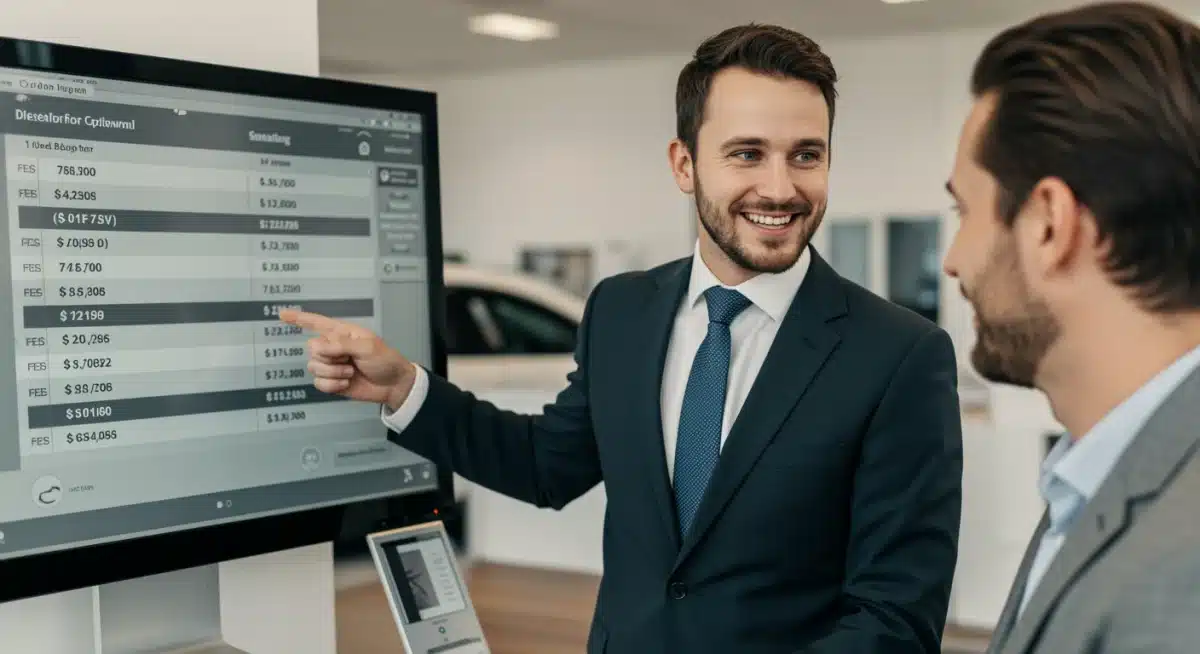 Car salesperson explaining pricing breakdown to customer