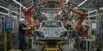 Advanced US electric vehicle manufacturing plant with robots and skilled workers