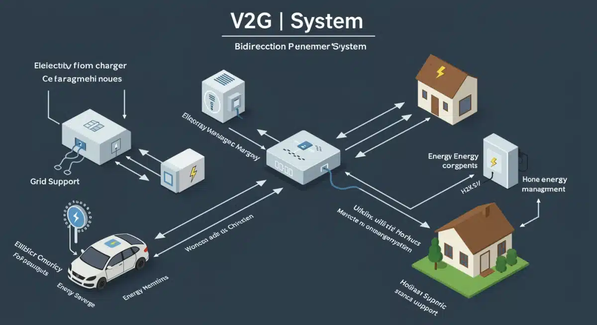 Infographic illustrating the components and energy flow of a V2G system