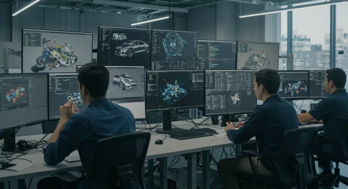 Engineers collaborating on autonomous driving software development, showcasing innovation.