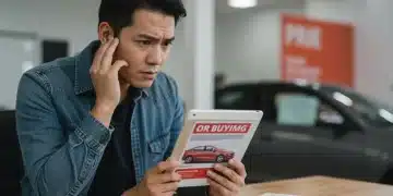 Person reviewing car ad cautiously on tablet, avoiding scams