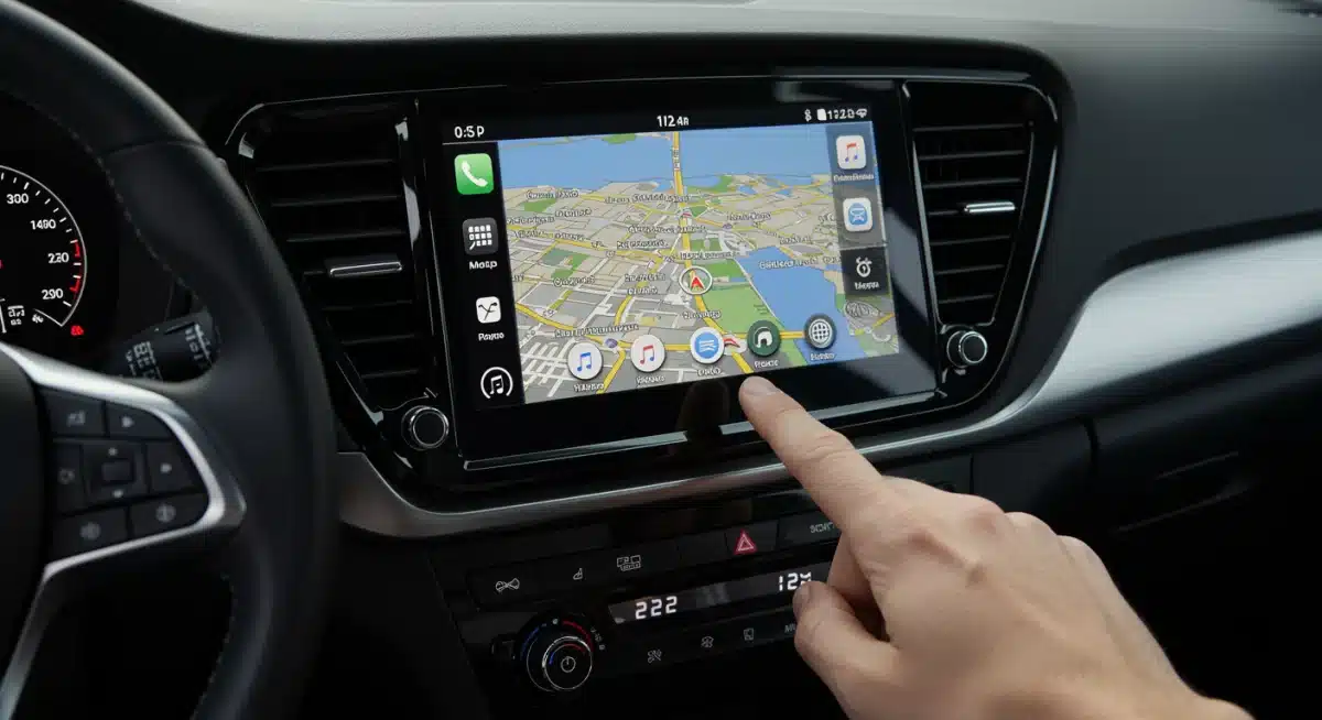 Close-up of a modern car's infotainment system and touchscreen.