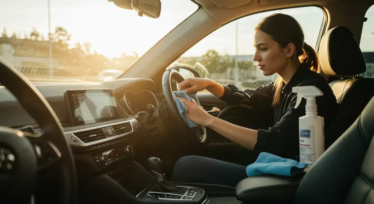 Person meticulously cleaning car interior for trade-in, highlighting attention to detail and maintenance.