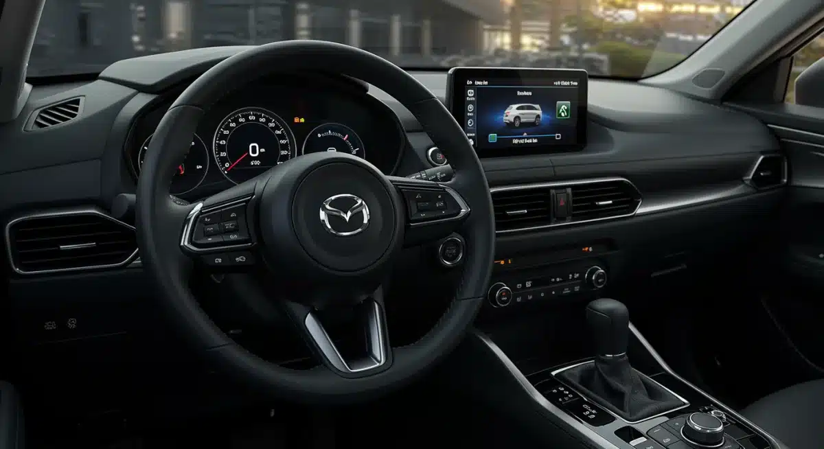 Mazda CX-90 PHEV dashboard showing electric range and MPGe, highlighting advanced technology.