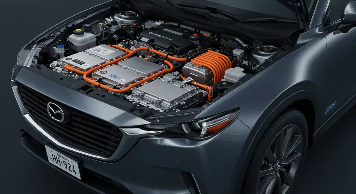 Close-up of Mazda CX-90 PHEV's electric motor and battery components, showcasing hybrid technology.