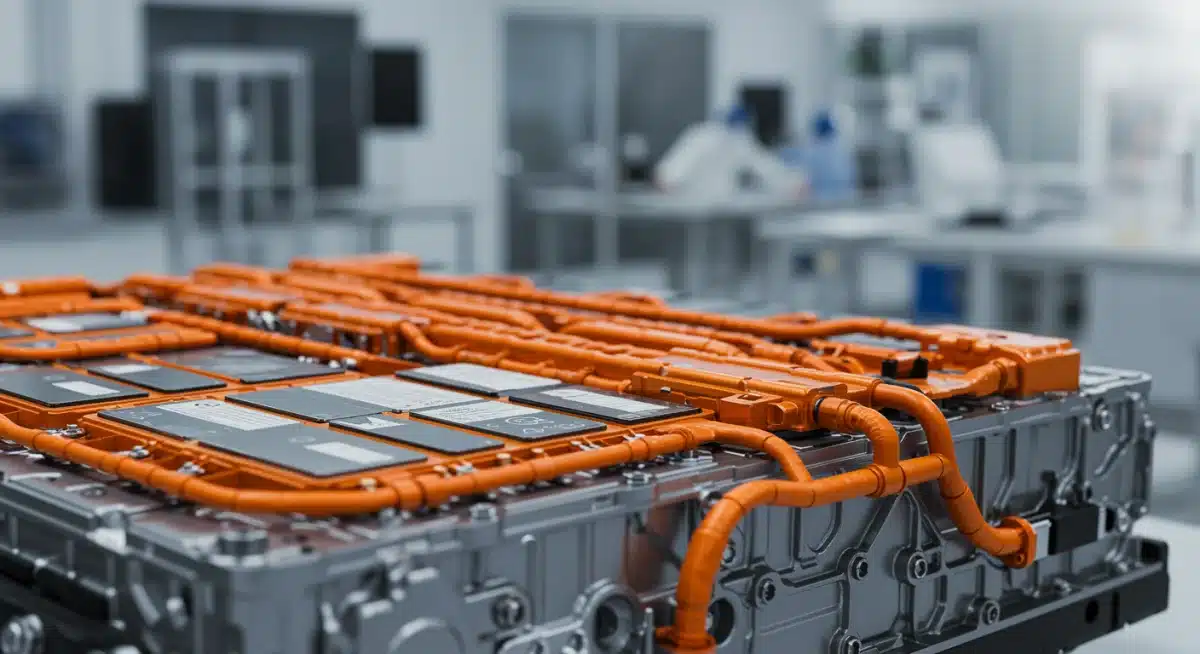 Advanced electric vehicle battery pack in a lab, highlighting EV powertrain innovation.