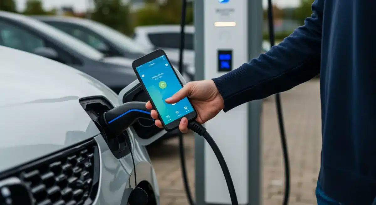EV owner charging their car at a public station using a mobile app.
