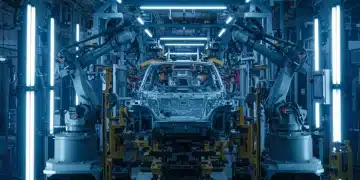 Robotic arms assembling electric vehicle chassis in a futuristic factory.