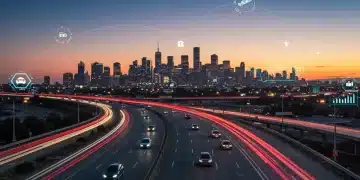 Futuristic autonomous electric vehicles on a smart city road, symbolizing US auto tech investment.