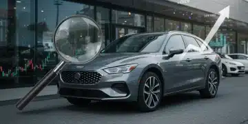 Modern car at dealership, magnifying glass over hood, financial charts, representing maximized trade-in value in 2026.