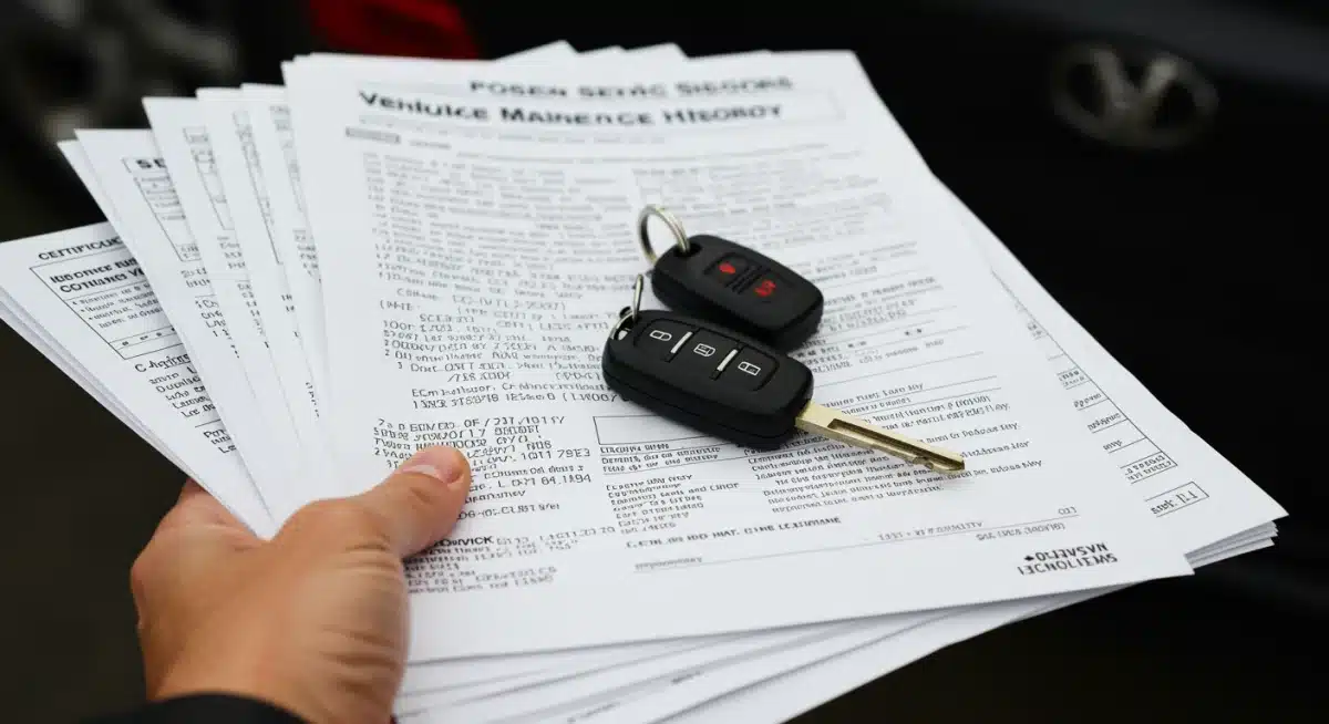 Hand holding neatly organized vehicle maintenance records, showcasing a complete service history for trade-in.