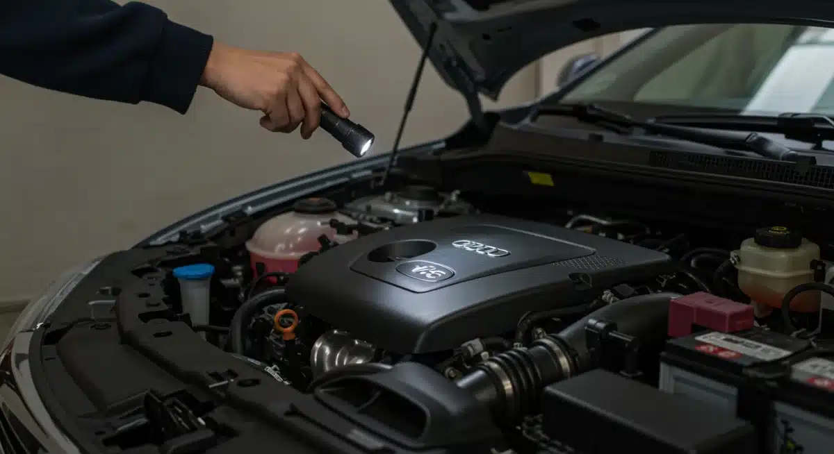 Person inspecting car engine with flashlight, pre-purchase check