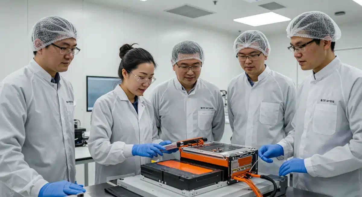 Engineers examining a next-generation solid-state battery pack.