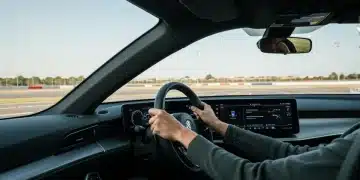 Person ready for a test drive in a futuristic electric car.