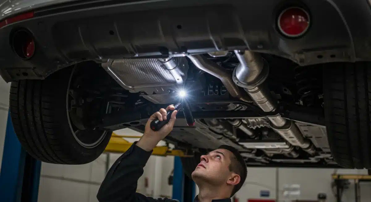 Person inspecting the undercarriage of a car for leaks.