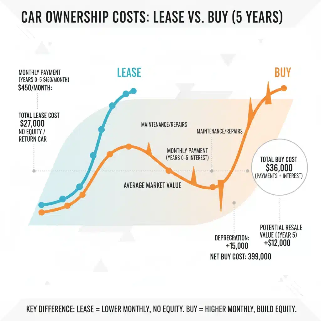 Infographic comparing 5-year monthly payments for leased and purchased cars