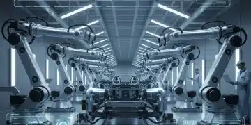 Robotic arms on an AI-powered auto assembly line, symbolizing manufacturing efficiency.