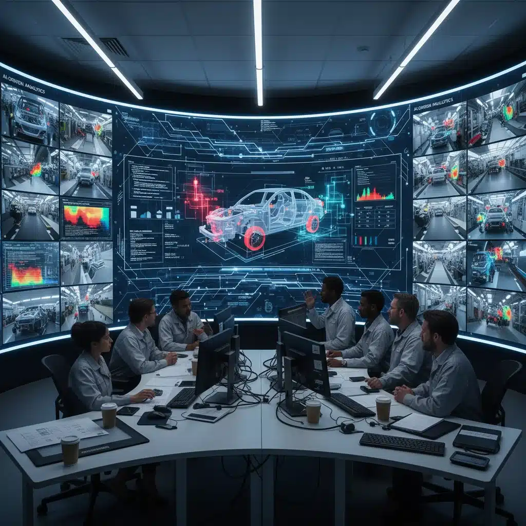 Engineers monitoring AI analytics in a smart factory control room.