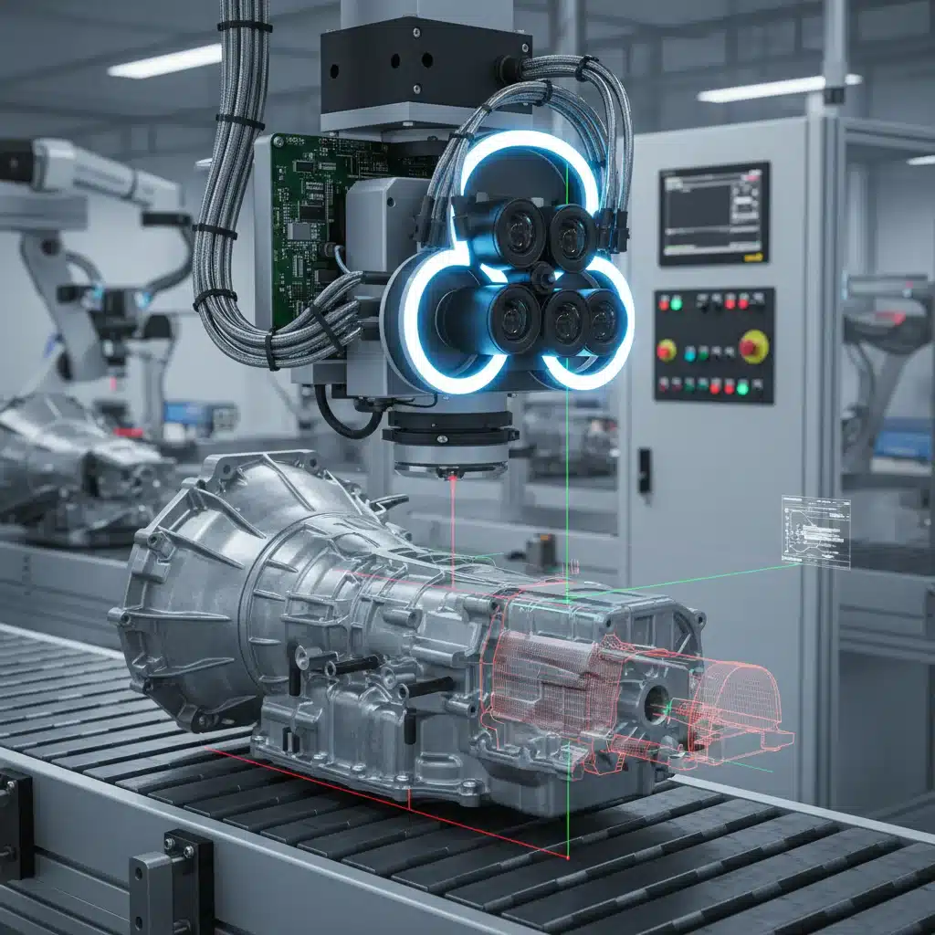 AI vision system inspecting car parts for quality control.