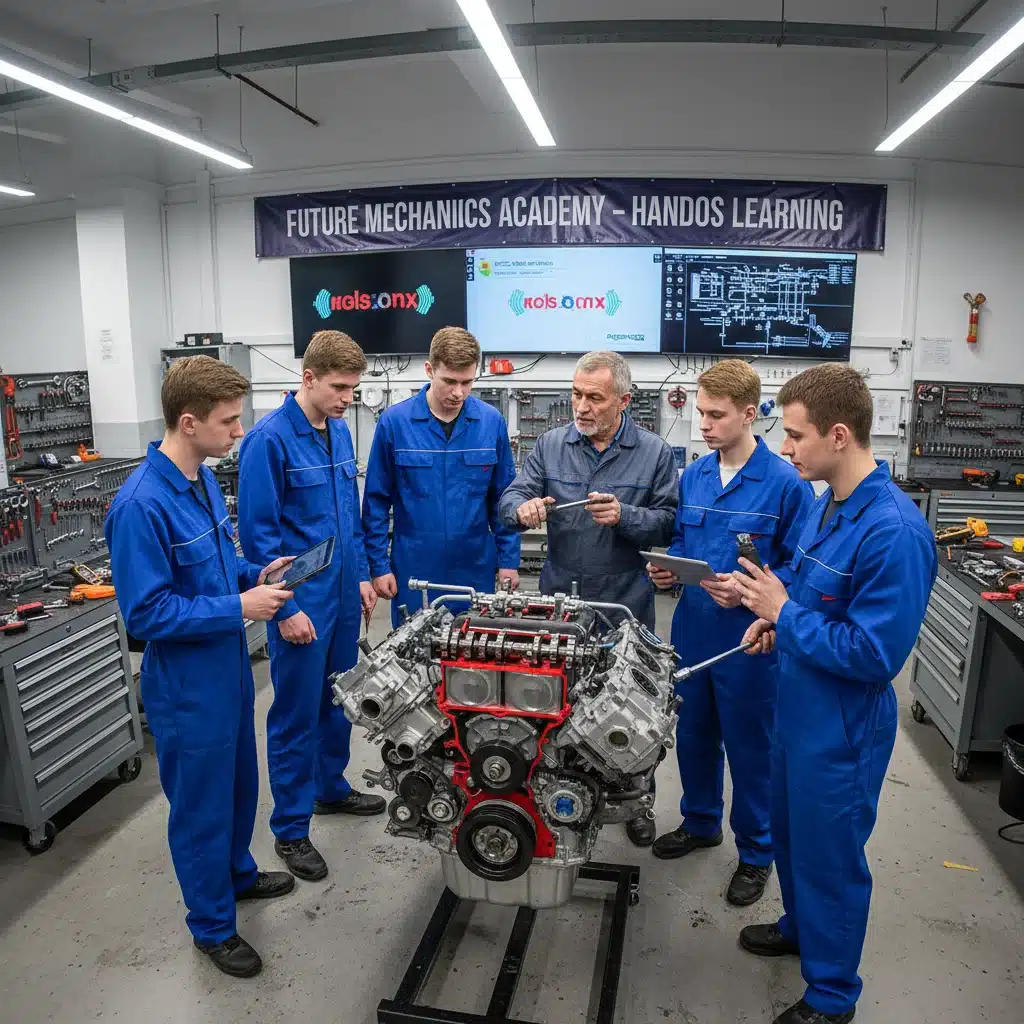 Automotive apprentices learning hands-on with an instructor in a modern training facility