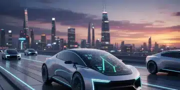 Autonomous car navigating a highway at dusk with digital sensor overlays