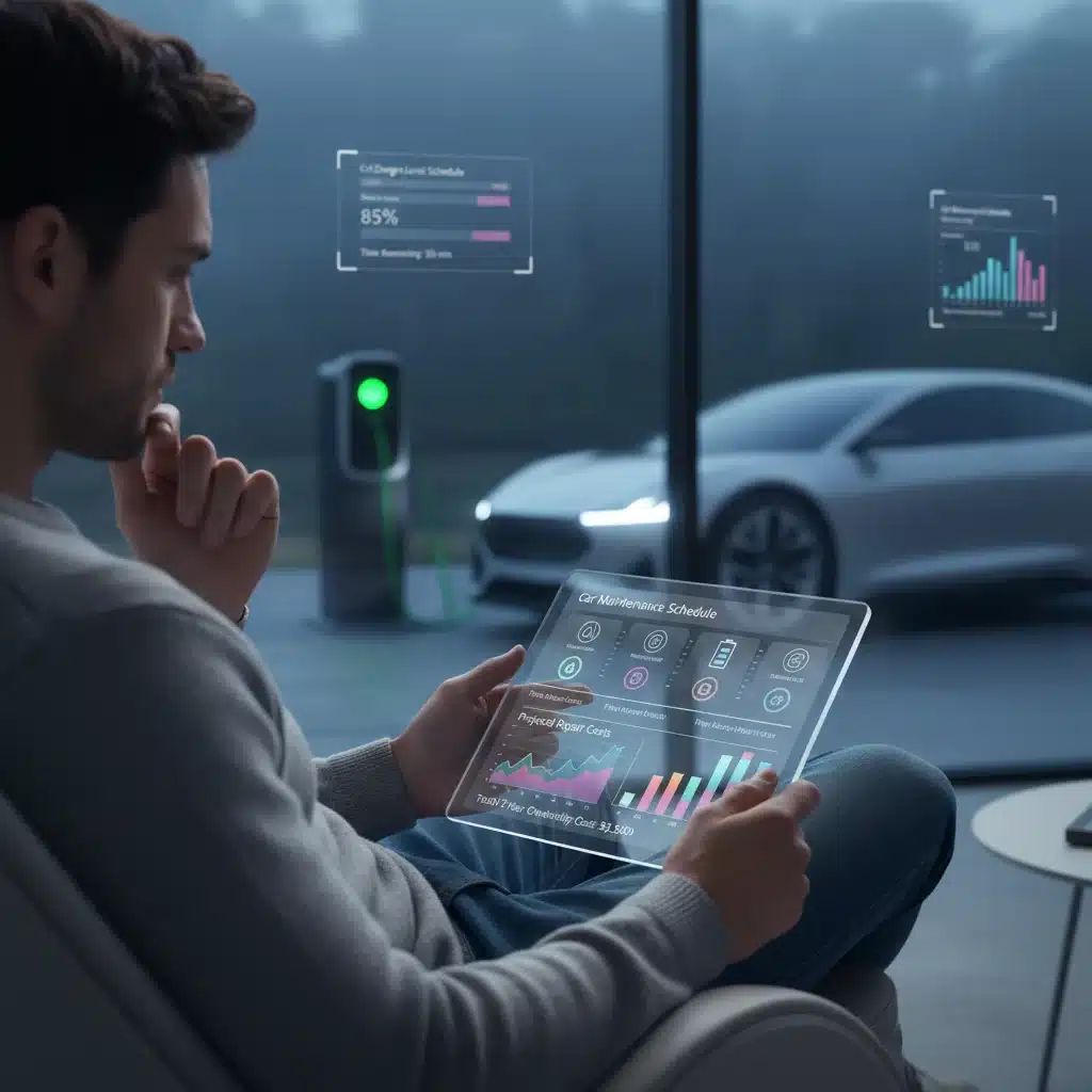 Person reviewing car maintenance costs and future vehicle technology