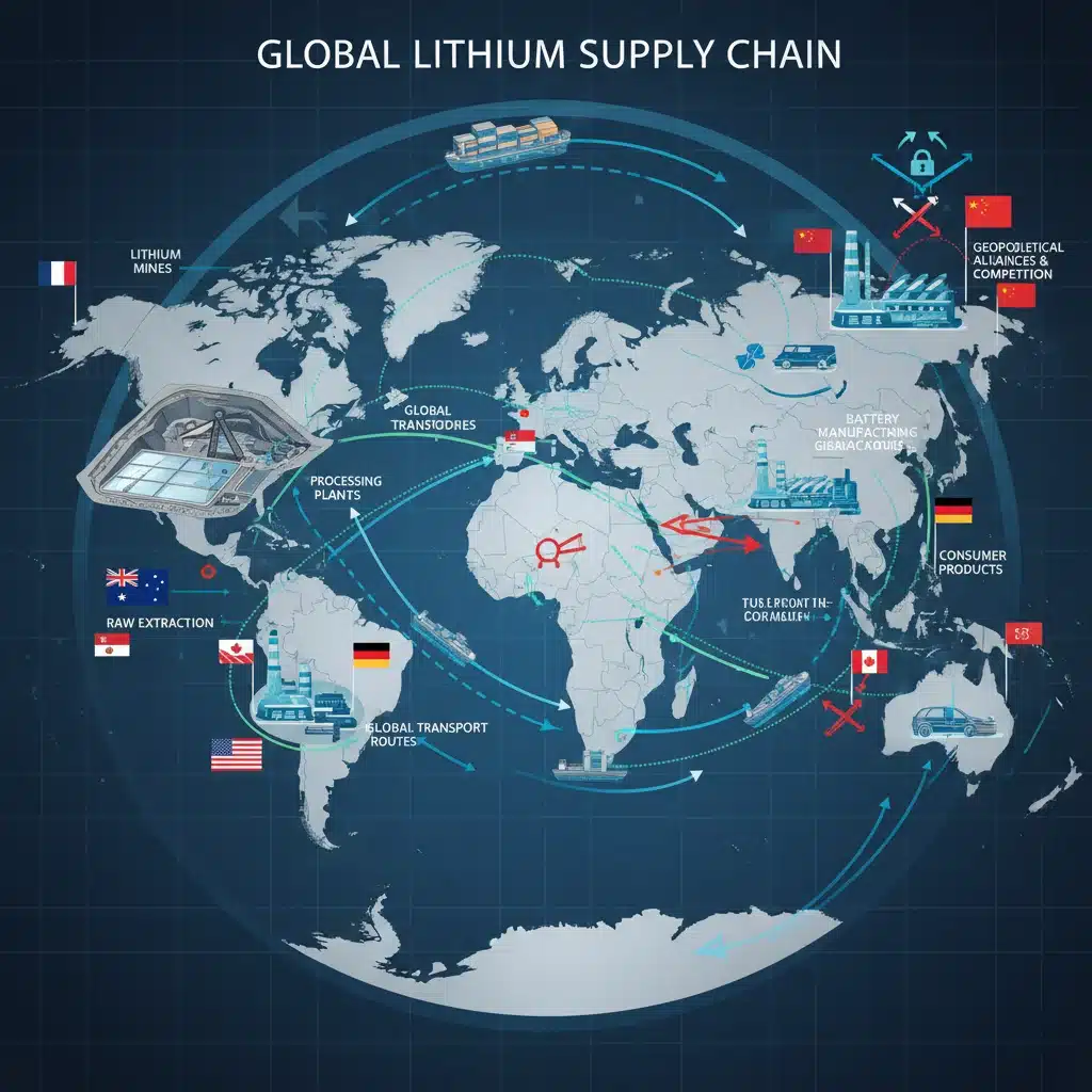 Global lithium supply chain with mining and processing facilities