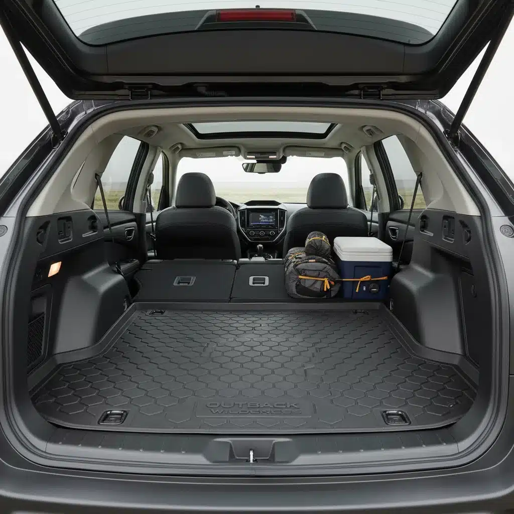 Spacious cargo area of 2026 Subaru Outback Wilderness with seats folded