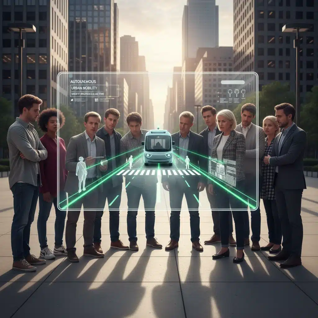 Diverse group observing an autonomous vehicle simulation, representing public trust