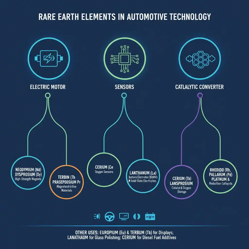 Infographic showing rare earth elements applications in automotive components
