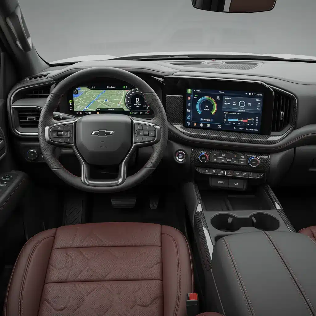 Interior of 2026 Chevrolet Silverado EV RST with large infotainment screen.