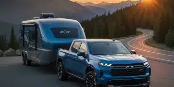 2026 Chevrolet Silverado EV RST towing a large trailer on a scenic road.