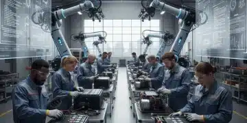 Skilled auto technicians working on advanced EV components in a modern factory