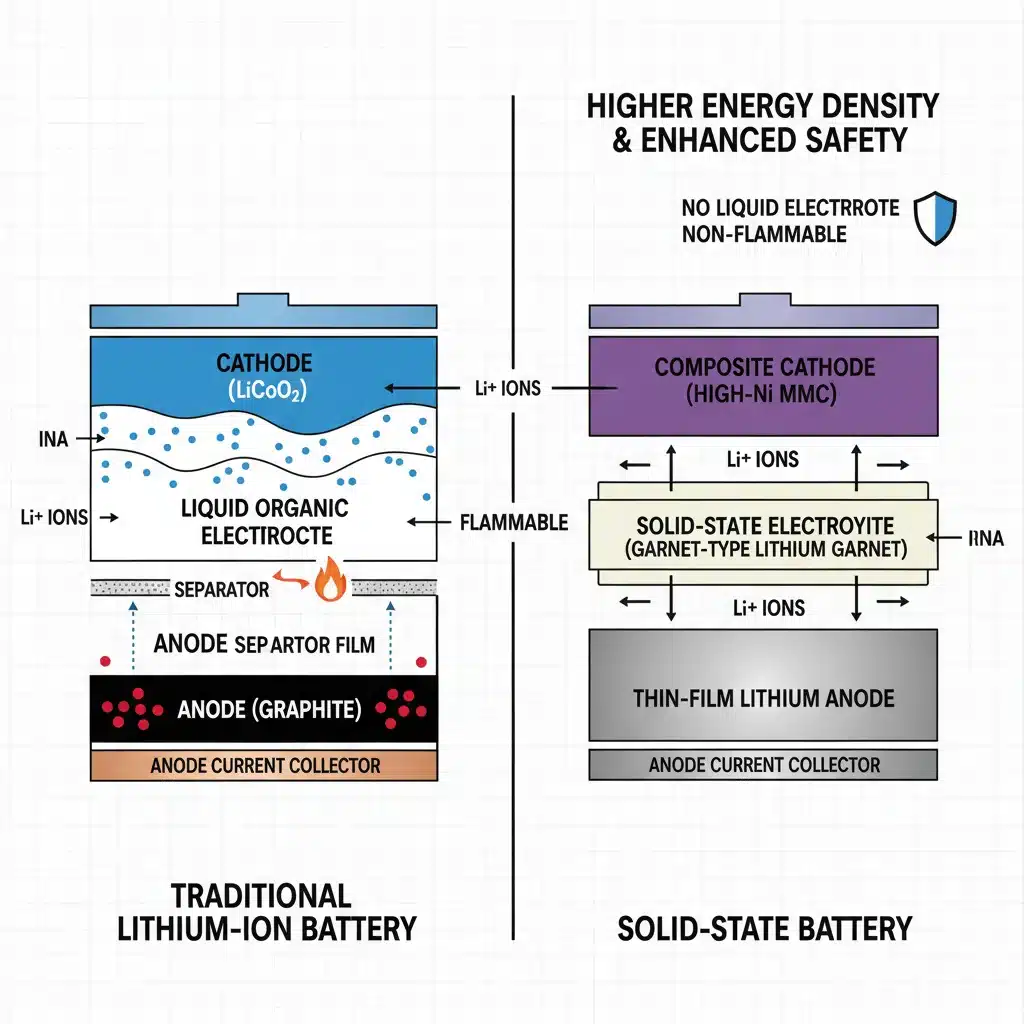 Solid-state battery internal structure diagram vs lithium-ion