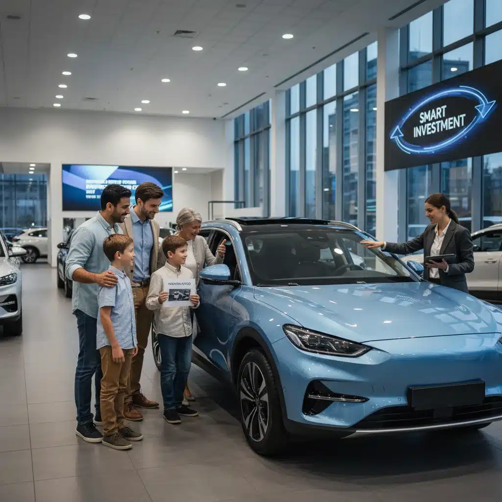Happy customers viewing a new car at a dealership, symbolizing successful car purchase.